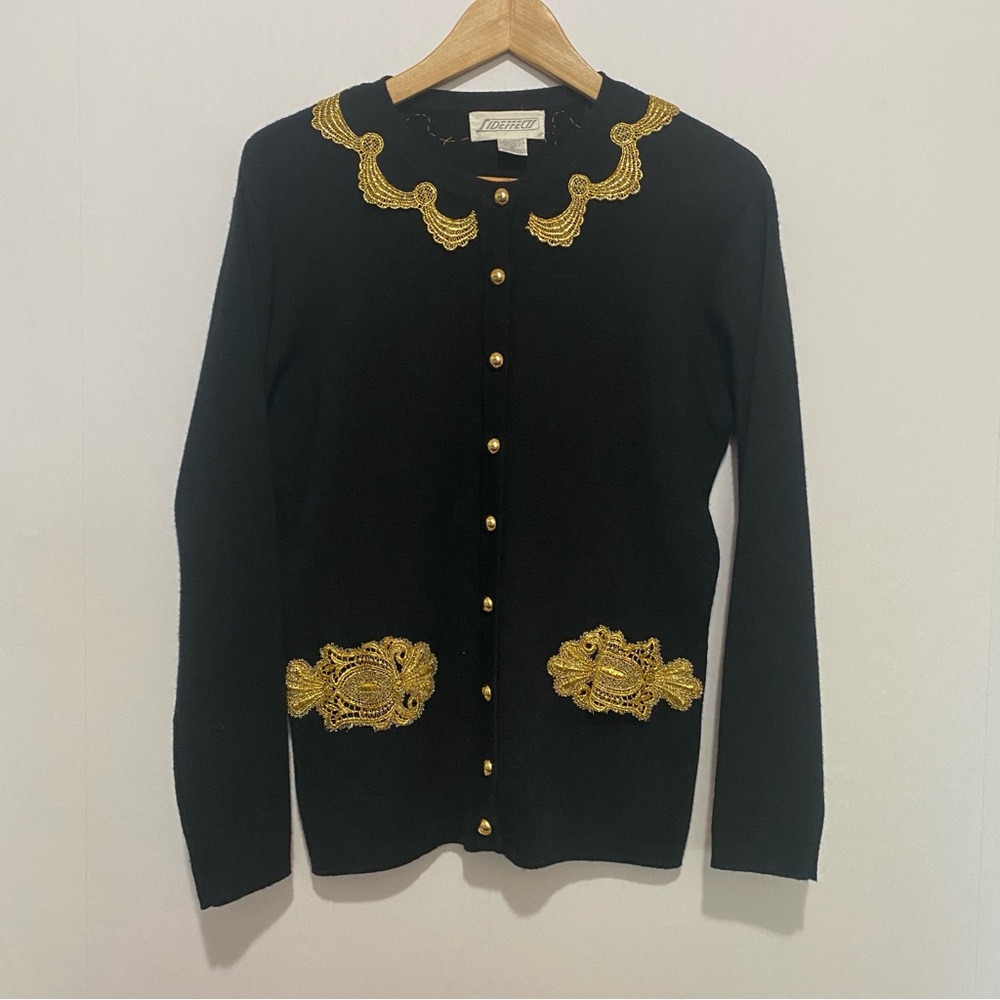 Vintage Sideffect Wool Cardigan M Black‎ Gold Embroidery Buttons Preppy Elegant